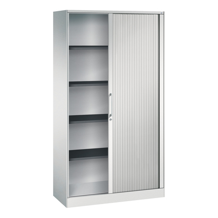 Lichtgrauer Rollladenschrank mit einer Tür und fünf Regalebenen, frontbündiger Sockel.