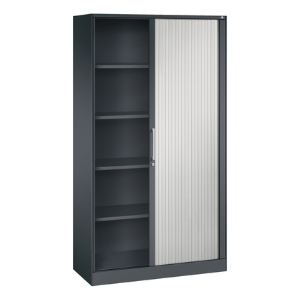 Rollladenschrank mit einer Tür aus Kunststoff-Lamellen und mehreren Regalböden in Schwarzgrau.