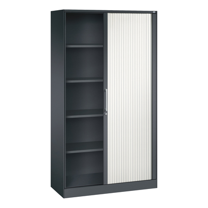 Schwargrauer Rollladenschrank mit weißer Lamellentür und fünf Regalböden, Ansicht von vorne.