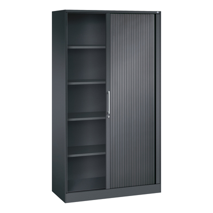 Schwarzer Rollladenschrank mit einer Tür aus Kunststoff-Lamellen und mehreren Regalen.