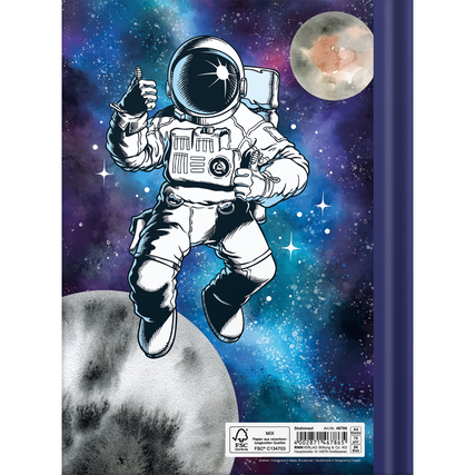 Kladde DIN A4 mit einem Astronauten-Design auf einem bunten, galaktischen Hintergrund.