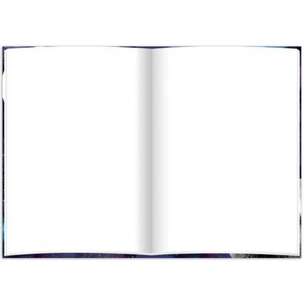 Offene Kladde DIN A4 mit leeren Seiten und buntem, bedrucktem Umschlag.