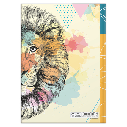 Kladde DIN A4 mit farbenfrohem Lion-Design auf dem Umschlag, Rückansicht.