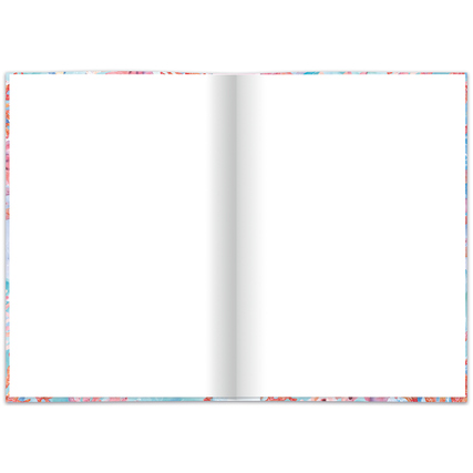 Offene Kladde im DIN A4 Format mit leeren Seiten und buntem Umschlag im Delfin-Design.