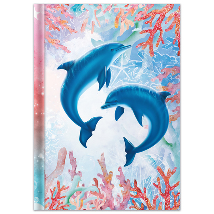 Kladde in DIN A4 mit buntem Delfinmotiv vor maritimem Hintergrund.