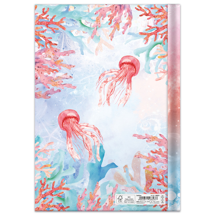 Bunte Kladde im DIN A4 Format mit Delfin-Design und maritimen Motiven auf dem Umschlag.