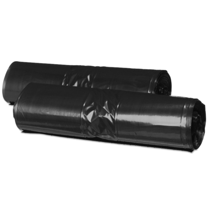 Schwarze Müllbeutel in Rollenform, stapelbar, für die Verwendung in Mülleimern.