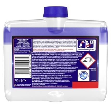 Rückansicht einer Flasche Finish Spülmaschinenreiniger mit Etikett und Sicherheitsinformationen.