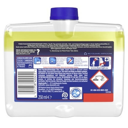 Flasche mit FINISH Spülmaschinenreiniger Citrus in gelber Flüssigkeit, Rückenansicht mit Etikett.