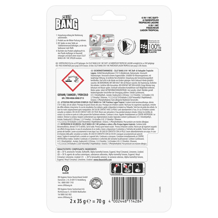 Rückansicht der Verpackung des CILLIT BANG WC-Duftspülers Tropische Lagune mit Inhaltsstoffen.