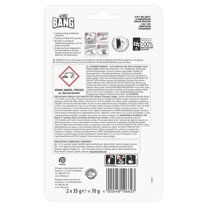 Rückansicht der Verpackung des CILLIT BANG WC-Duftspüler 6in1 Ozean Frische mit Informationen.
