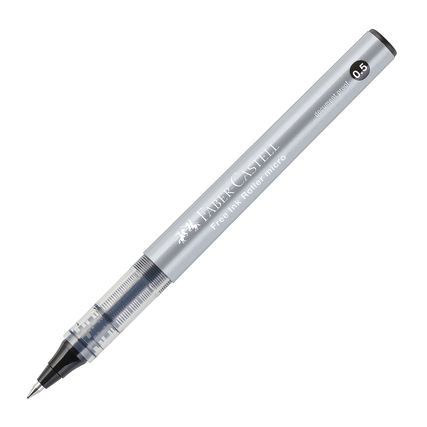 Schwarz-silberner Tintenroller mit feiner Spitze und transparentem Gehäuse.