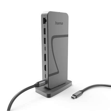 USB-C Dockingstation mit mehrere Anschlüssen, auf einem Standfuß abgebildet.