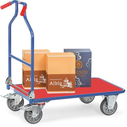 Klappbarer Transportwagen mit Schiebebügel und Paketen auf der Plattform.