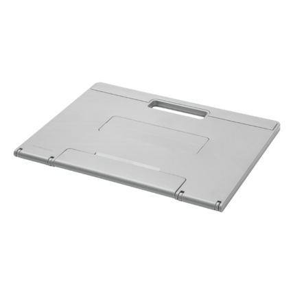 Höhenverstellbarer Notebookständer mit Klappdesign und Tragegriff in silberner Farbe.