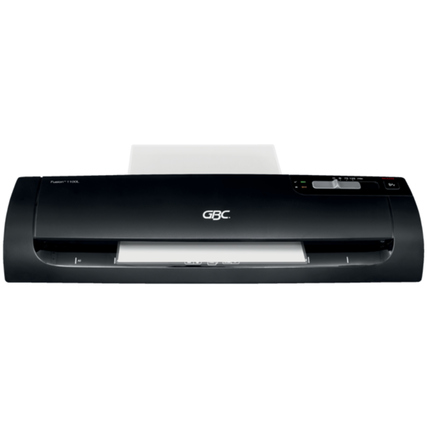 Schwarzes Laminiergerät GBC Fusion 1100L mit Bedienfeld und durchsichtiger Folie im Einzug.