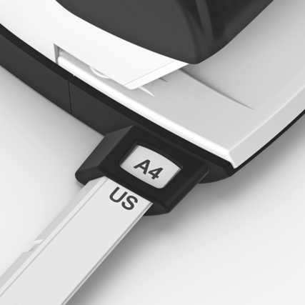 Locher mit Schnittrichtungsanzeige für A4- und US-Format in Schwarz.