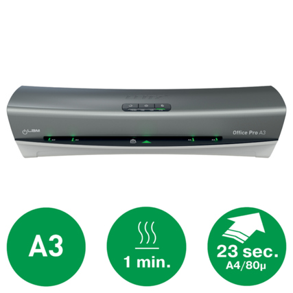 Laminiergerät in grauer Farbe mit Touch Panel und Symbole für A3 und 80 µ Folienstärke.