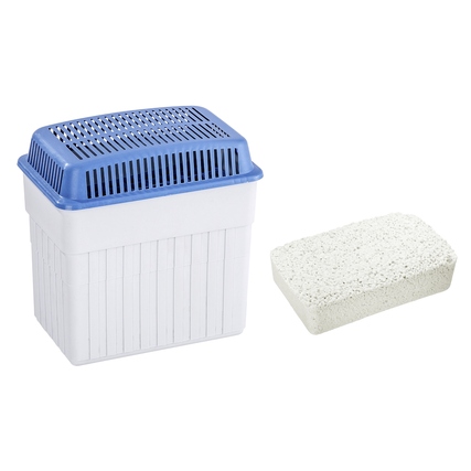 Luftentfeuchter in rechteckiger Box mit blauem Deckel und grauem Entfeuchterstein daneben.