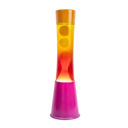 Lavalampe in pink und orange mit blubbernden Elementen in einem geschwungenen Design.