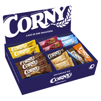 Thekendisplay mit verschiedenen Corny Müsliriegeln in Auswahl.