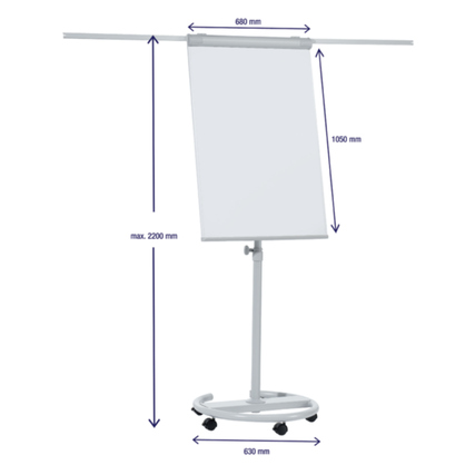 Mobiles Flipchart auf Rollen mit verstellbarer Höhe und Schnellwechselblockhalterung.
