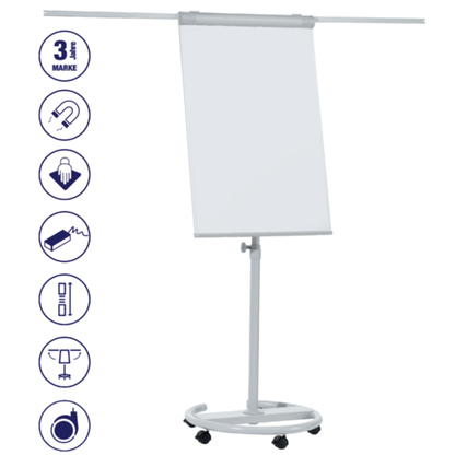 Mobiles Flipchart mit rollen und Schnellwechselblockhalterung auf einem stabilen Standfuß.