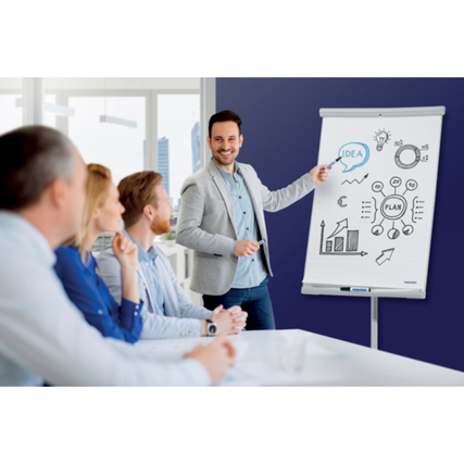 Mobiles Flipchart mit Grafiken, im Einsatz bei einer Besprechung mit mehreren Personen.