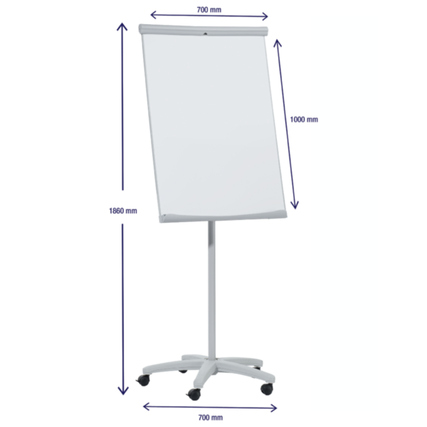 Mobiles Flipchart mit Höhenangabe und Rollen zur Mobilität.