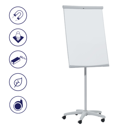 Mobiles Flipchart auf einem Rollenständer mit fünf Symbolen links im Bild.