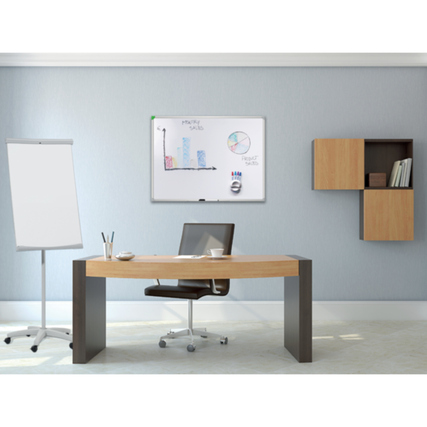 Mobiles Flipchart steht neben einem Schreibtisch in einem modernen Büroumfeld.