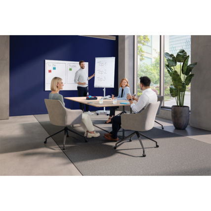 Personen diskutieren an einem Tisch, während ein Whiteboard im Hintergrund sichtbar ist.