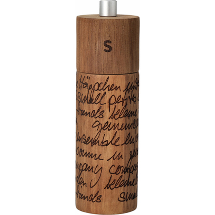 Salzmühle aus Akazienholz mit Keramikmahlwerk und lasergravierter Typografie.