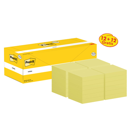 Gelbe Post-it Haftnotizen in einer Packung mit 12 + 12 Gratis-Notizen.