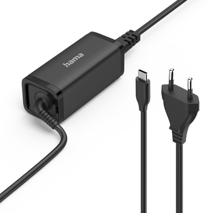 Schwarzes Hama GaN-Netzteil mit USB-C- und zweiadrigem Steckerkabel.