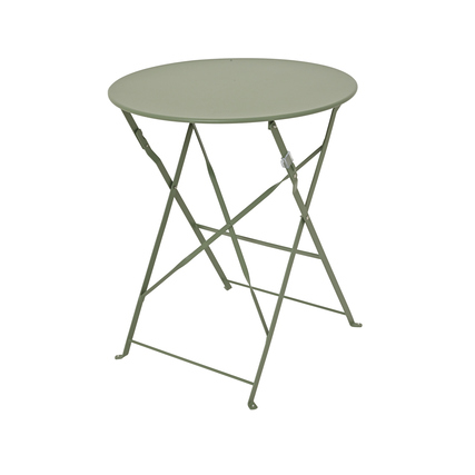Runde, grüne Klapptisch mit einem stabilen Gestell aus Metall.