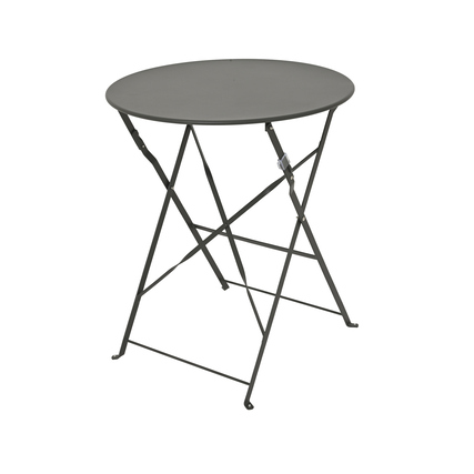 Runde, faltbare Tischplatte in Anthrazit auf einem schwarzen, X-förmigen Gestell.