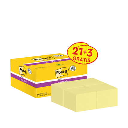 Gelbe Post-it® Haftnotizen in Kartonverpackung mit 21+3 Gratis-Blöcken.