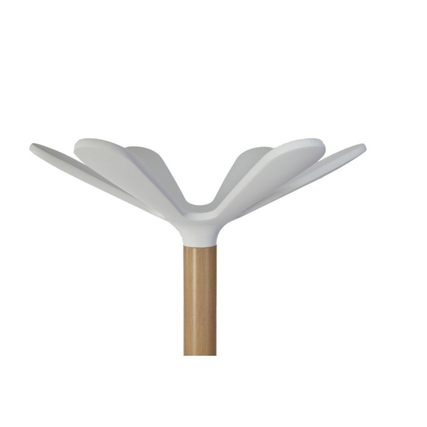 Garderobenständer mit blütenförmigen, weißen Haken und einem Holzfuß.