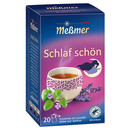 Packung mit Kräutertee "Schlaf schön" von Meßmer, zeigt das Produkt und eine Tasse mit Tee.