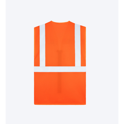 Signalorange Warnweste aus Mesh mit zwei breiten Reflexstreifen für Sichtbarkeit.