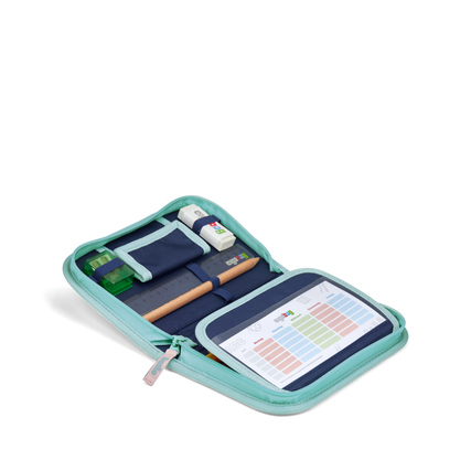 Offenes Federmäppchen in mintgrün mit Fächern für Stifte und Zubehör.