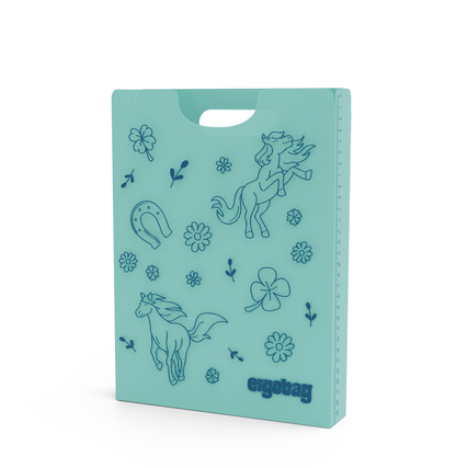 Heftbox in mintgrün mit Pferdemotiven und Griff oben, passend für Schulranzen.