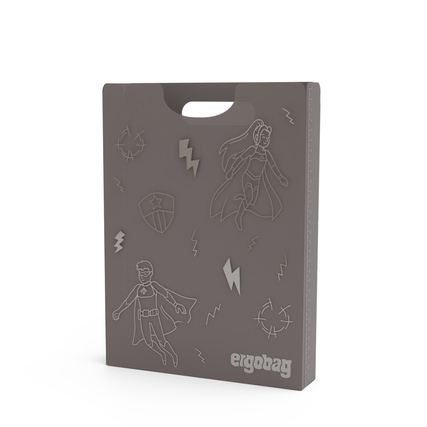 Graue Heftbox mit Superhelden-Motiven und Griff, passend für Schulranzen.