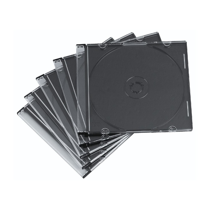 Anordnung mehrerer schwarzer Slim-CD/DVD-Hüllen übereinander auf weißem Hintergrund.