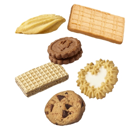 Sechs verschiedene Gebäckstücke in unterschiedlichen Formen auf hellem Hintergrund.