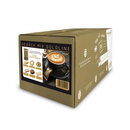 Matt goldene Verpackung mit einer Auswahl an sechs Gebäckstücken neben einer Tasse Kaffee.