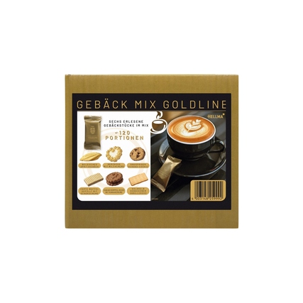Matt goldene Verpackung mit einer Auswahl an sechs Gebäckstücken und einer Kaffeetasse.