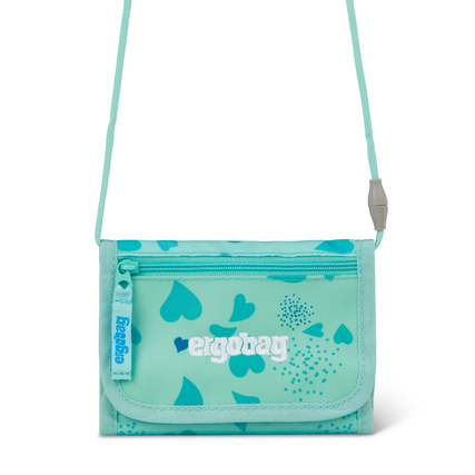 Brustbeutel in mintgrüner Farbe mit Herz-Muster und ergonomischem Schulterband.