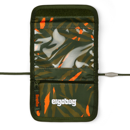 Brustbeutel in grünem, gestreiftem Design mit sichtbarem Innenraum und Kabel zum Tragen.